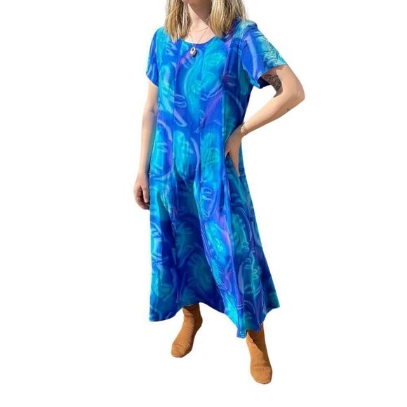 Vintage 90s Womens 100% Silk Blue Tie Dye Maxi Scoop Neck Boho Beach Dress Sz L - Picture 3 of 9